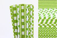 Lime Green Paper Straws Mix - Chevron, Polka Dots and Stripe (50)