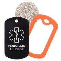 Penicillin Allergy Medical Alert ID Necklace with Black Tag, Orange Silencer, and 30'' USA Chain - 154 Color Choices