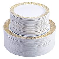 Select Settings 100 pc. Disposable Plastic Plates 50 Dinner Plates & 50 salad Plates Disposable Plate Combo Sets (X-Design Gold Plates)