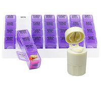 GMS® 4X/Day Weekly Pill Organizer with 4 Piece All-in-One Pill Cutter, Drinking Cup and Medication Storage (Purple Pill Boxes/White Tray)
