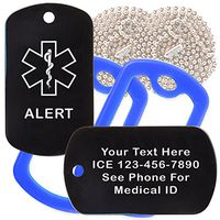 Custom 2 Pack - Alert Medical Alert ID Necklaces with Black Custom Tags, Blue Silencers, and 30'' USA Chains