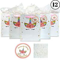 Unicorn Party Favor Bags - Set of 12 - Cute Pastel Ribbon Handles Thank You Tags & Gold Sparkle Tissue Paper | For Kids Rainbow Birthday Party - Fill Paper Bags with Treats, Candy, Supplies and Gifts