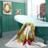 Harvest Hand Towel, Personalized Gift, Set of 3, Healhy Dinner Ingredients Harvest Wreath with Red Bowknot Fresh Organic Options, Lightweight, Quick Dry Towel, for Beach, Travel, Swim, Camping