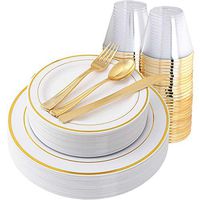IOOOOO Gold Plates & Plastic Silverware & Gold Cups, Disposable Dinnerware 150 Pieces Includes: 25 Dinner Plates, 25 Dessert Plates, 25 Tumblers, 25 Forks, 25 Knives, 25 Spoons
