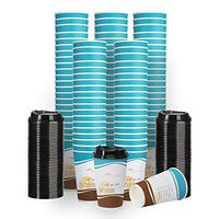 Fineiva Disposable Coffee Cups With Lids - 16oz 100Pack To Go Coffee Cup, Insulated Corrugated Sleeve Ripple Wall Paper Cups for Hot and Cold Drinks, Blue and White