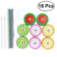 Metal Decorative Regular Mouth Mason Jar Lids with Straw Hole with 8 Decoration Lids 8 Striped Plastic Straw Set 2 Straw Wrench