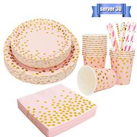 150 Piece Pink and Gold Party Dot Dinner and Dessert Plates DisposableTableware Paper Dinnerware Set Serves 30- Paper Plates,Paper Cups, Napkins, Paper Straws for Weddings, Birthday Party ,Baby Shower