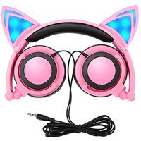 Cat Ear Kids Headphones,DICEKOO Flashing Glowing Cosplay Fancy Cat Ear Headphones Foldable Over-Ear Gaming Headsets Earphone with LED Flash Light for Girls Boys Phone Tablet (Pink)