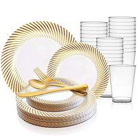 360 Piece Elegant Disposable Plastic Dinnerware Set for 60 Guests - Fancy Gold Rimmed White Dinner Plates, Dessert Plates, Silverware Set & Party Cups For Wedding, Easter, Birthday & All Occasions