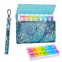 QIELIZI Pill Organizer with Lanyard,Large AM PM Medicine Pill Case 7 Day Travel Pills Box Daily Vitamin Container Fish Oil Holder -PU Leather Case to Protect Light Deterioration（Green Flower）