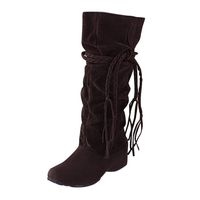 BIKETAFUWY Knee High Boots,Women's Round Toe Mid-Calf Flats Anti-Slip Platform Fringe Shoes Suede Thigh High Booties Brown