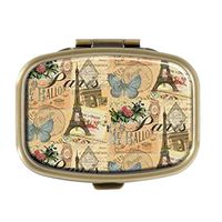 French Paris Vintage Collage France Europe Travel Pill Box Decorative Boxes Bronze Rectangular Pill Case Medicine Tablet Holder Wallet Organizer Case for Pocket or Purse