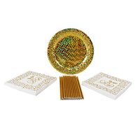 Geeklife Gold Paper Party Packs ,Includes Gold Paper Plates , Gold Napkins and Straws for 20 Guests