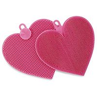 2 Piece Silicone Scrub Sponges Set - Double-Sided Pink BPA Free Rubber Scrubbers with Air-Dry Suction Cups and Hook Holes and Leopard Print Packaging