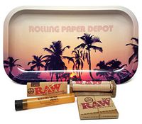 Bundle - 5 Items - RAW 1 1/4, 79mm Roller and Pre-Rolled Tips with Rolling Paper Depot Rolling Tray (Retro Palms) and Kewltube