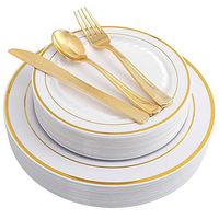 750 Piece Pack Premium Plastic Plates and Cutlery Set for 150 Guests – 150pc 10” Dinner, 150pc 7” Salad/Dessert, 150pc Forks, 150pc Spoons, 150pc Knives (Ivory/Scalloped Gold Rim)