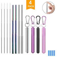 4 Pack Metal Reusable Straws - Collapsible Telescopic Straw Stainless Steel Portable Drinking Straw with Case, Silicone Tips Removable, Keychain & Cleaning Brush