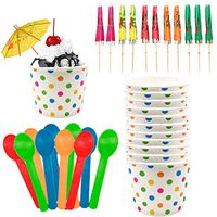 Ice Cream Sundae Kit - 12 Ounce Polka Dot Paper Treat Cups - Heavyweight Plastic Spoons - Paper Umbrellas - 12 Each Pink Orange Yellow Green Blue
