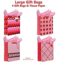 B-THERE Gift Bags with Tissue Paper Included XOXO Gift Bags, Great for Mothers Day or Valentines Day Glitter and Reflective Foil Designs, Large, Pink/Red, Set of 4