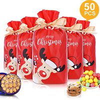 50pcs Christmas Candy Cookies Drawstring Gift Bags 7”×4”, Plastic Treat Bags with Bow-Tie for Birthday Party Wedding Favor,N