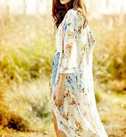 MOM 2018 summer long sleeves long printed kimono jacket chiffon shirt women's jacket sun protection clothing,Beige,S