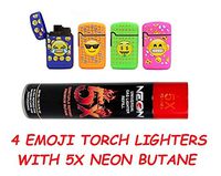 1 Cans NEON 5X Butane Refill Fuel Fluid Lighter Ultra Refined 10.14 oz and Emoji Torch Lighter Adjustable Flame Windproof Butane Refillable 4 Pack
