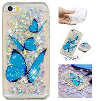 Liquid Glitter Case for iPhone SE/5/5S,Aoucase Cartoon Pattern Luxury 3D Diamond Sparkle Quicksand Shockproof Anti-Scratch Soft Bumper Case with Black Dual-use Stylus,Blue Butterfly