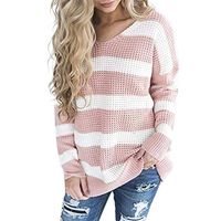 Theoylos Women's Sweaters Stripes Print Waffle Knit Long Sleeve Pullover Ladies Autumn O-Neck Casual Sweaters Tops Pink