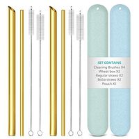 Reusable Metal Stainless Steel Straws: 2 Regular Metal Straws + 2 Metal Boba Straws + 2 Wheat Cases + 4 Cleaning Brushes + 1 Pouch, Portable for Personal Use, 8.5 inches(Gold)