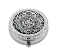 LuxSweet Pill Box,White Mandala Pill Case for Purse Pocket Pill Organizer with 3 Compartments Silver 2.1 Inches Portable Vitamin Medicine Case Holder