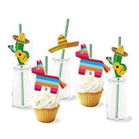 Paper Straw Decor/Cactus Sombrero Donkey Pattern Decorative Straws for Mexican Fiesta Party/Theme Party Striped Straws - Set of 36