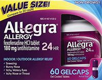 Allegra Adult 24 Hour Allergy 180 Mg. Fast Noticeable Relief Gelcaps 60 Count