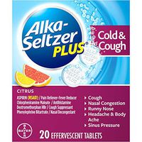 Alka-Seltzer Plus Cold & Cough Medicine, Citrus Effervescent Tablets with Pain Reliever/Fever Reducer, Citrus, 20 Count