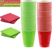 64 Plastic Cups (18 ounce) + 80 Beverage Napkins - Half Green and Half Red - Perfect for Christmas and Holiday Parties