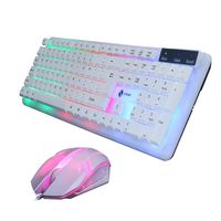Baishitop Colorful LED Illuminated Backlit USB Wired PC Rainbow Gaming Keyboard Mouse Set White (F)