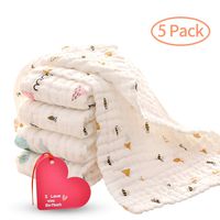 KOROTUS Muslin Baby Burp Cloths Washcloths Face Towels 5-Pack Extra Large 11 X 27.5 inches 6 Layers Super Absorbent Premium Soft Natural for Sensitive Skin Baby 100% Organic Cotton (5animals)