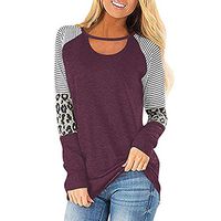 Youmymine Women's Leopard Print Color Block Tunic Round Neck Long Sleeve Shirts Striped Causal Blouses Tops (XXL, Purple)
