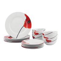 AmazonBasics 18-Piece Kitchen Dinnerware Set, Plates, Dishes, Bowls, Service for 6, Poppy
