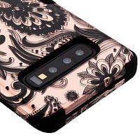 Kaleidio Case Compatible for Samsung Galaxy S10+ Plus [TUFF] Rugged Armor 3-Piece [Shock/Impact Protection] Dual Layer Hybrid Rubber Cover [Rose Gold Paisley Design]