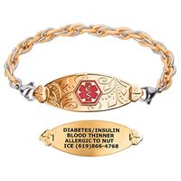 Divoti Custom Engraved Medical Alert Bracelets for Women, Stainless Steel Medical Bracelet, Medical ID Bracelet w/Free Engraving – PVD Gold Lovely Filigree Tag w/Inter-Mesh Gold/Silver-TP Red-8.0"