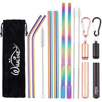 Whaline Colorful Metal Straws Set,2 Telescopic Straws+2 Boba Straws+2 Bendable Straws,Stainless Steel Straws with Metal Case,Cleaning Brush,Carabiner,Portable Straws for Outdoor Home Office Travel
