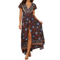 TWGONE Bohemian Dresses For Women Summer High Waist V Neck National Style Midi Dress(Medium,Navy)