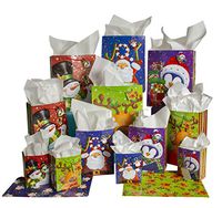 Christmas Gift Bags w/Holiday Tags, Flat Wrap, and White Tissue Paper (28-Piece Set) Small, Medium, and Large Reusable Present Wrapping | Santa Claus, Snowman, Penguin, Reindeer