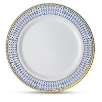 [60 Count - 10" Plates] Laura Stein Designer Tableware Premium Heavyweight Plastic White Dinner Plate With Blue & Gold Border Plastic Party & Wedding Plate Midnight Blue Series Disposable Dishes