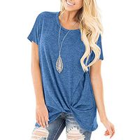 Meikosks Ladies Short Sleeve Tunics Plus Size Knotted Tops Solid Color T Shirt O Neck Tee Blue