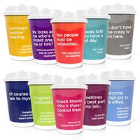 Q Cups 12oz Disposable Paper Coffee Cups with Lids, 50 Count - 10 Funny Work Jokes Per Pack, Double Wall Design - For Bake Sales, Meetings and More - Durable Construction, Easy Cleanup