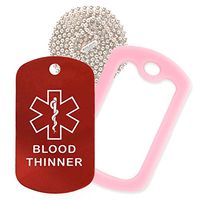 Blood Thinner Medical Alert ID Necklace with Red Tag, Pink Silencer, and 30'' USA Chain - 154 Color Choices