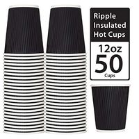 Disposable Ripple Insulated Cup - 12oz 50 Pack Black - Hot Beverage Drinking Cups - Insulated Corrugated Cups (50 Count, 12oz, Black)