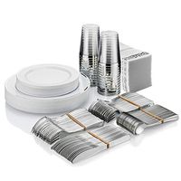 25 Guest Disposable Silver Plastic Dinnerware Set | Heavy Duty Plates, Cups, Silverware & Napkins. 50 Forks, 25 Spoons, 25 Knives, 25 Dinner Plates, 25 Dessert Plates & 25 Cups | Bonus 50 Guest Towels