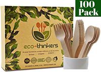ECO-THINKERS Premium Disposable Wooden Cutlery Set. Our Wooden Utensils are Eco friendly Biodegradable Compostable & The Best Alternative to Plastic Silverware 100 Pcs of Wooden Spoons Knives & Forks